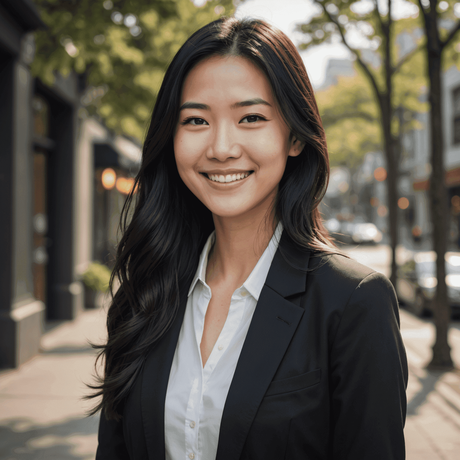 Portrait of Sarah Lee, a young Asian woman in her early 30s with long black hair, wearing a white blouse and black blazer, smiling warmly