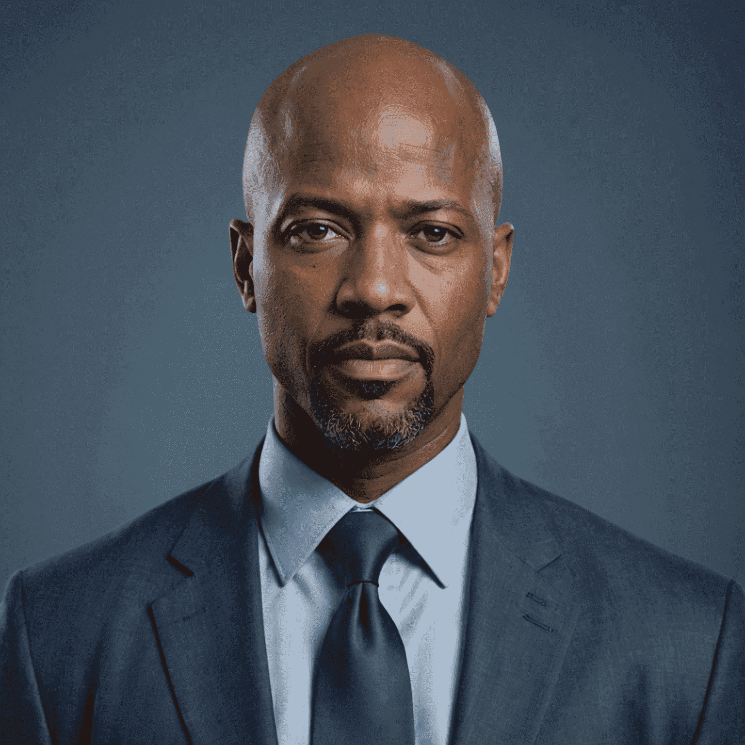 Portrait of Michael Johnson, an African American man in his 50s with a bald head and goatee, wearing a light blue dress shirt and navy tie, looking stern but approachable