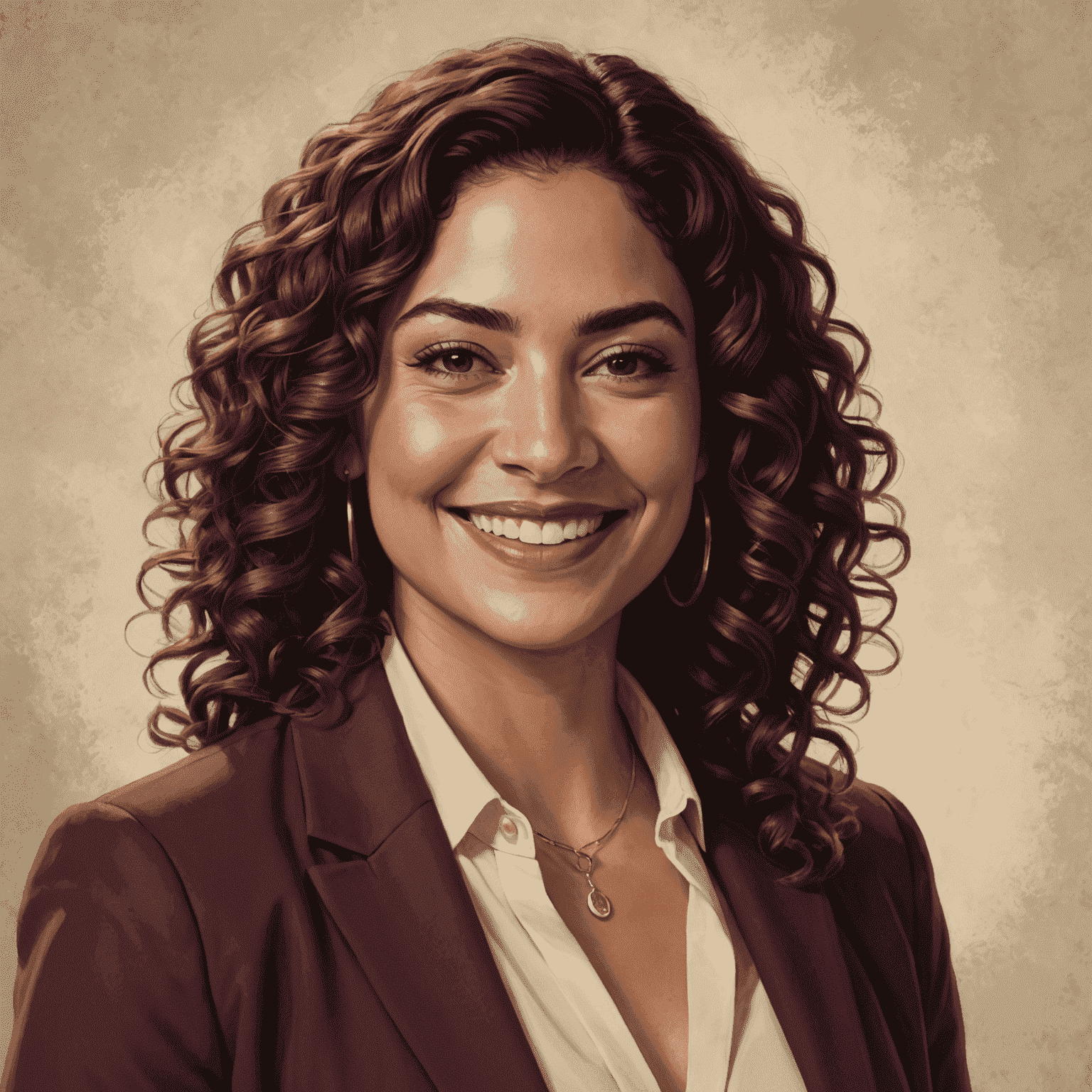 Portrait of Emily Garcia, a Latina woman in her late 30s with curly brown hair, wearing a burgundy blazer over a cream blouse, smiling confidently