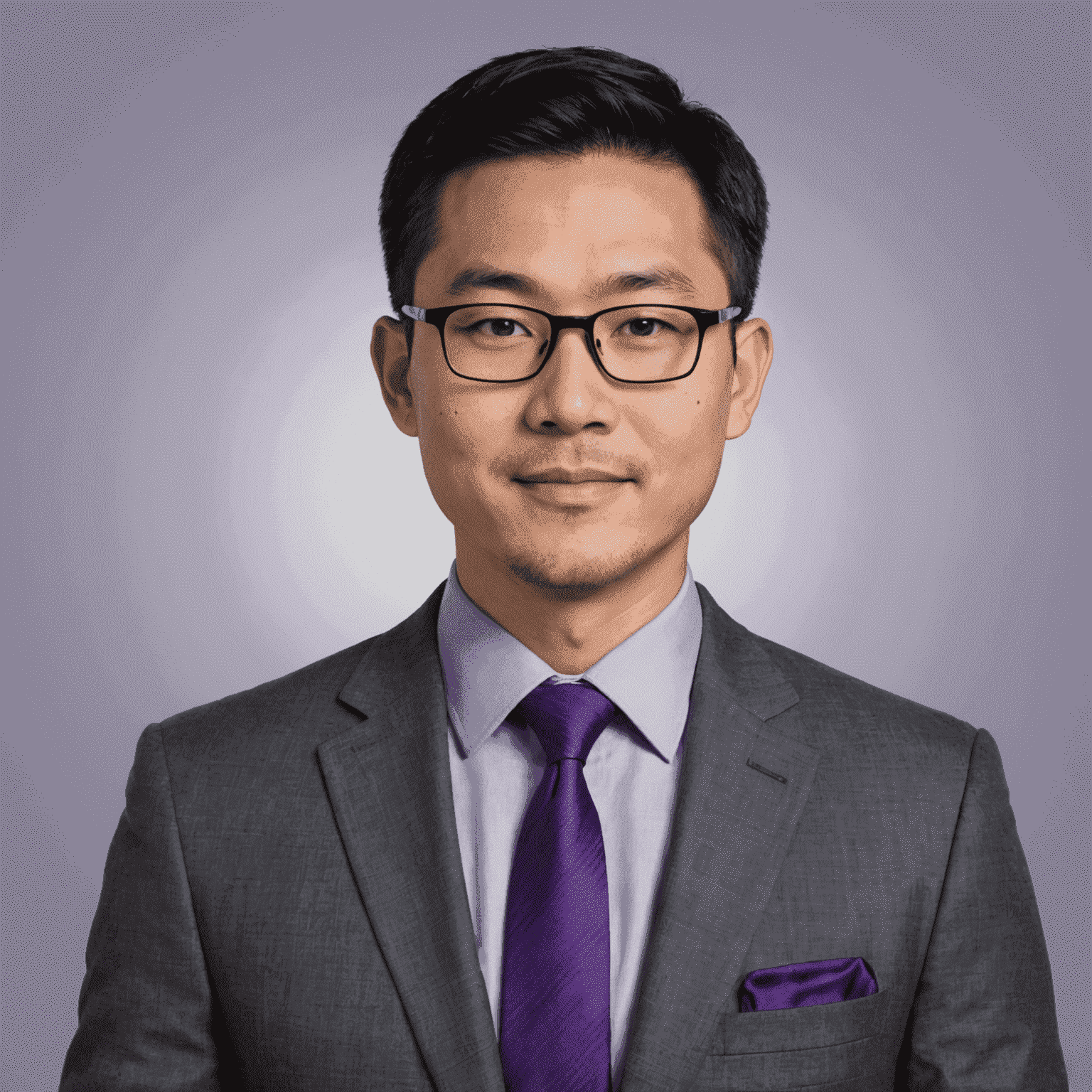 Portrait of David Chen, an Asian man in his early 40s with short black hair and glasses, wearing a grey suit and purple tie, looking friendly and knowledgeable